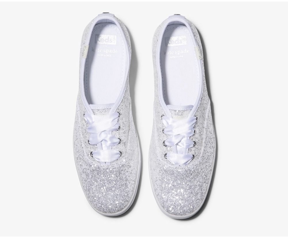 Womens Keds Sneakers - Kate Spade new york Champion Glitter - White - 0279-RCQXZ